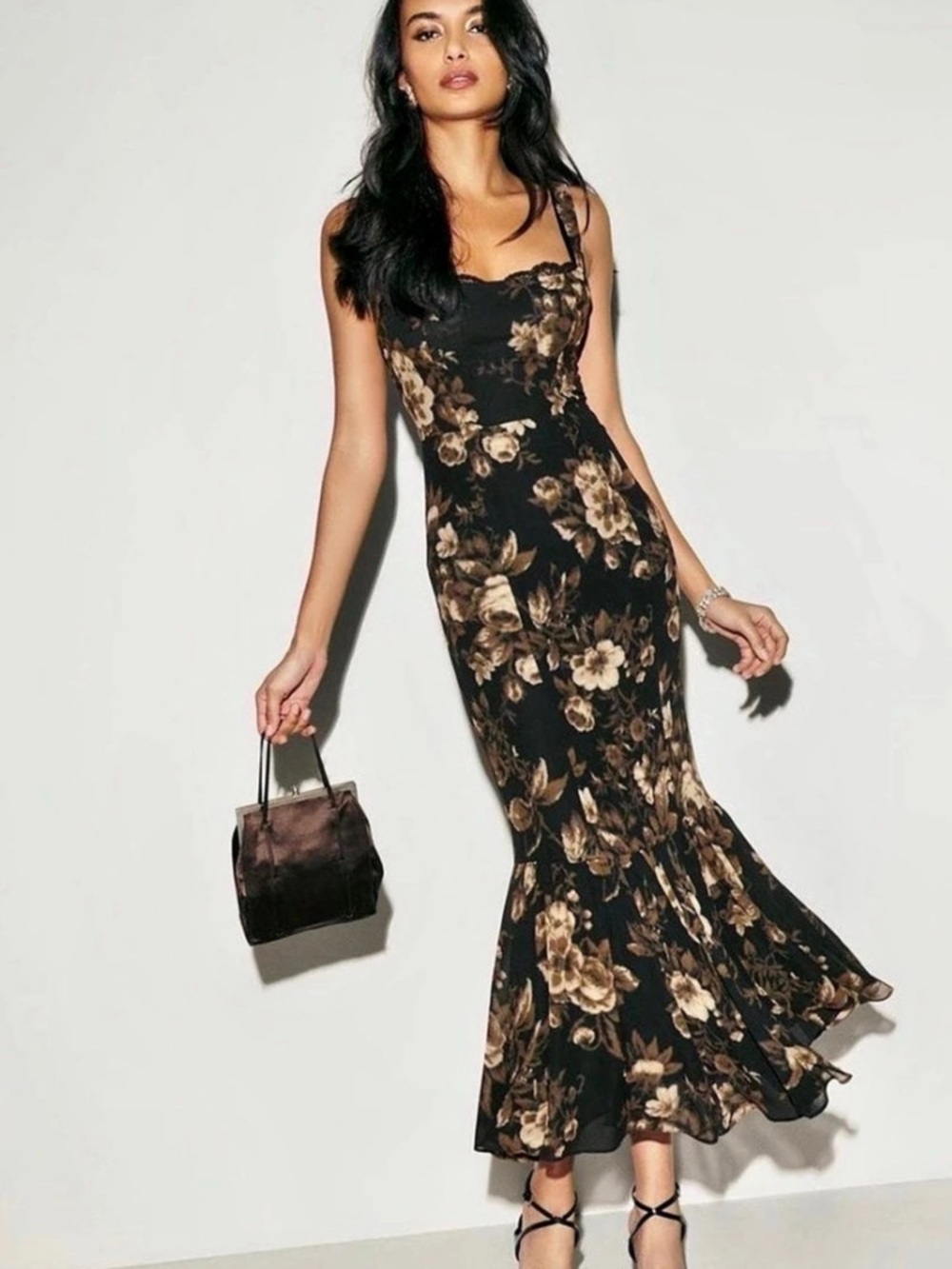 Reformation Irisa Floral Trumpet Dress in Black & Brown